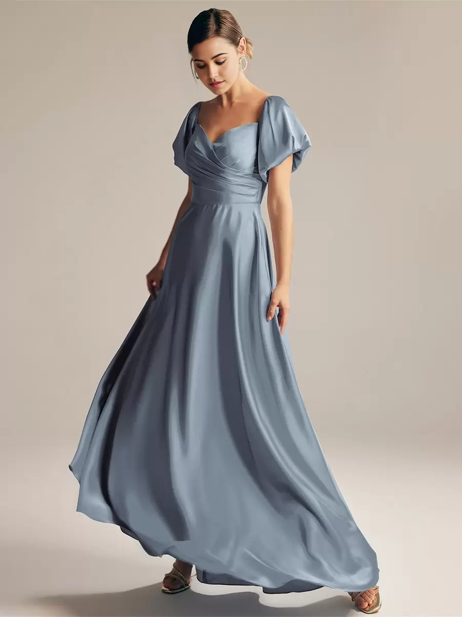 A-Line Short Sleeve Floor-Length Zipper Satin formal dresses evening gown Prom Dress