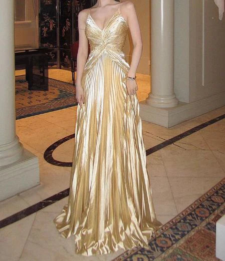 A Line V Neck Spaghetti Straps Satin Gold Pleated Long Evening formal dresses Bridesmaid Dresses evening gown Prom Dress