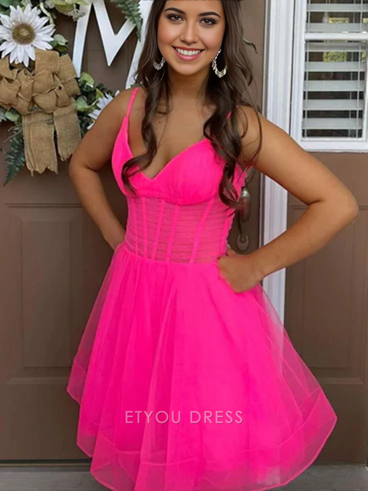 A-line V Neck Short Hot Pink Homecoming Dresses formal dresses Bridesmaid Dresses evening gown Prom Dress
