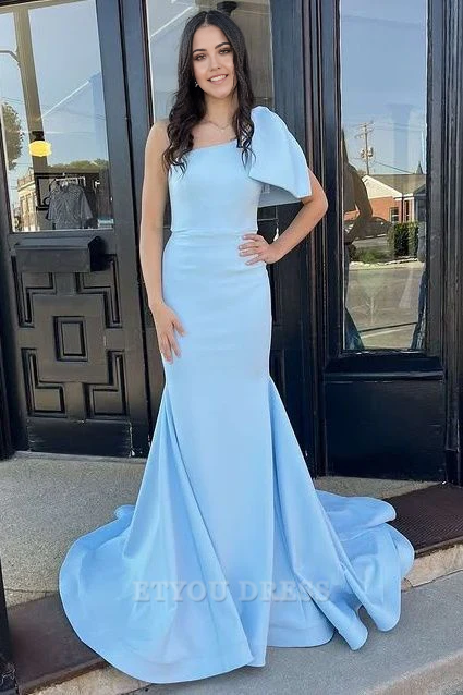 Mermaid One Shoulder Sky Blue formal dresses Bridesmaid Dresses evening gown Prom Dress