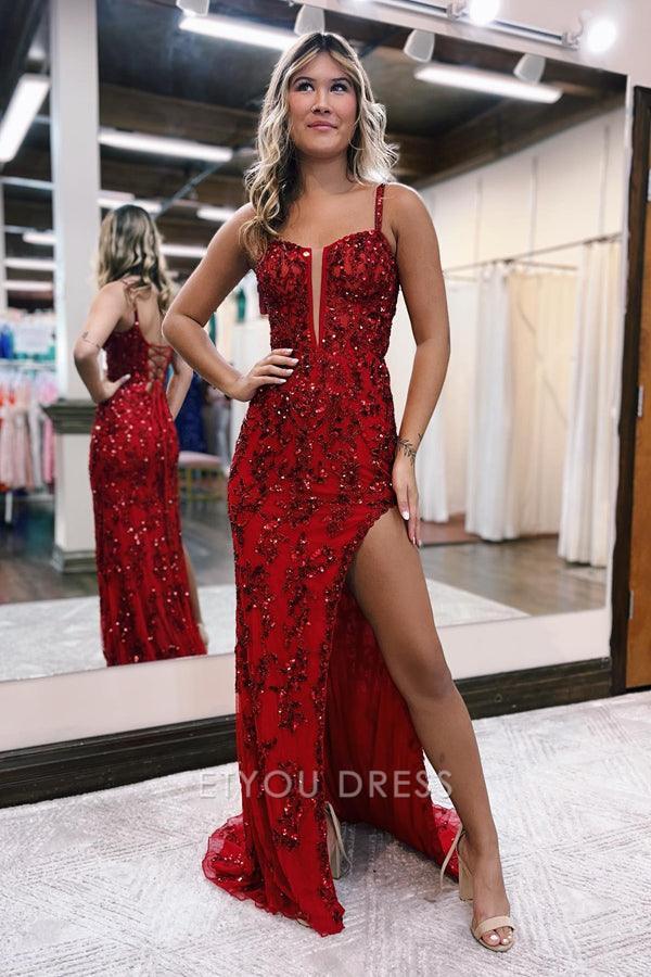 Mermaid Sheath Corset Back Beading Sequin formal dresses Bridesmaid Dresses evening gown Prom Dress With Split