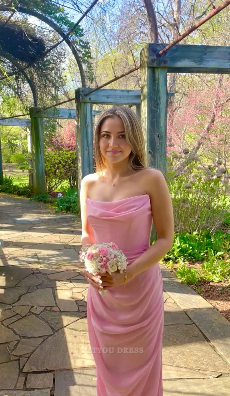 Sheath Sleeveless Pink Chiffon Long formal dresses Bridesmaid Dresses evening gown Prom Dress With Split