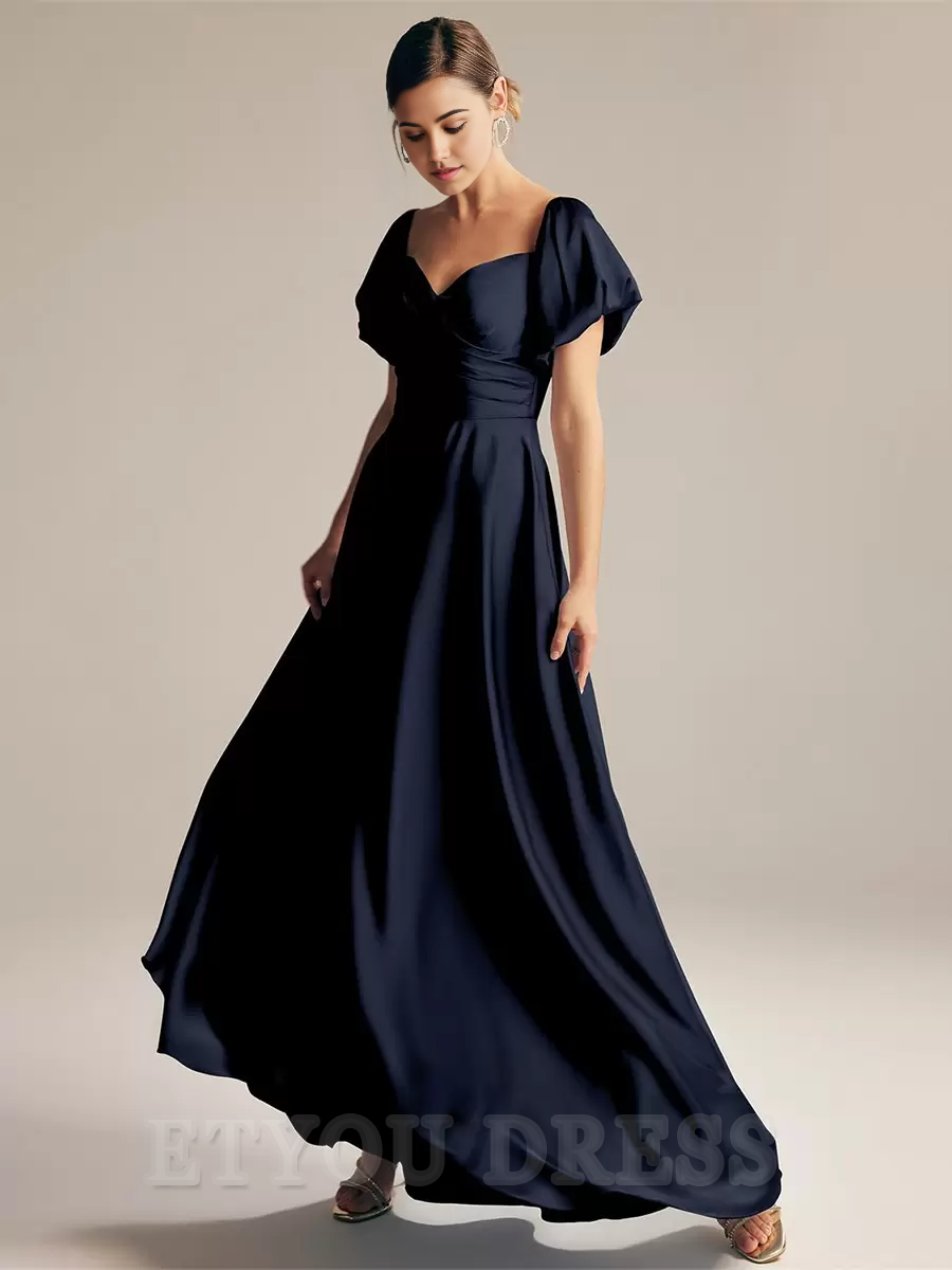 A-Line Short Sleeve Floor-Length Zipper Satin formal dresses evening gown Prom Dress
