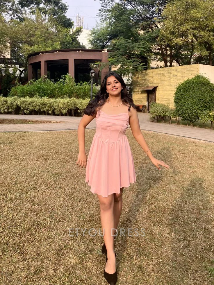 A Line Spaghetti Straps Pink Short formal dresses Bridesmaid Dresses evening gown Prom Dress Homecoming Dress