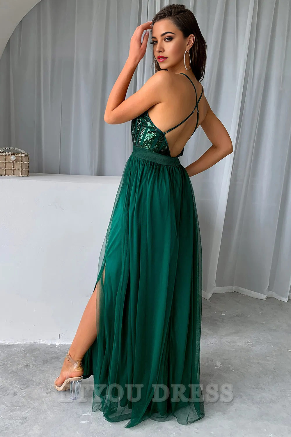 A-line V-neck Sequin Green formal dresses evening gown Prom Dress Homecoming Dress