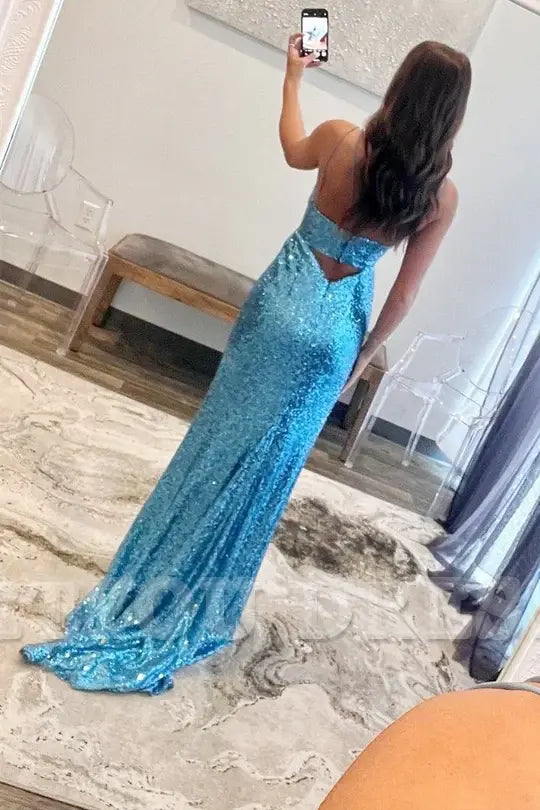 Mermaid Sequin Keyhole Straps Royal Blue Long formal dresses Bridesmaid Dresses evening gown Prom Dress with Slit