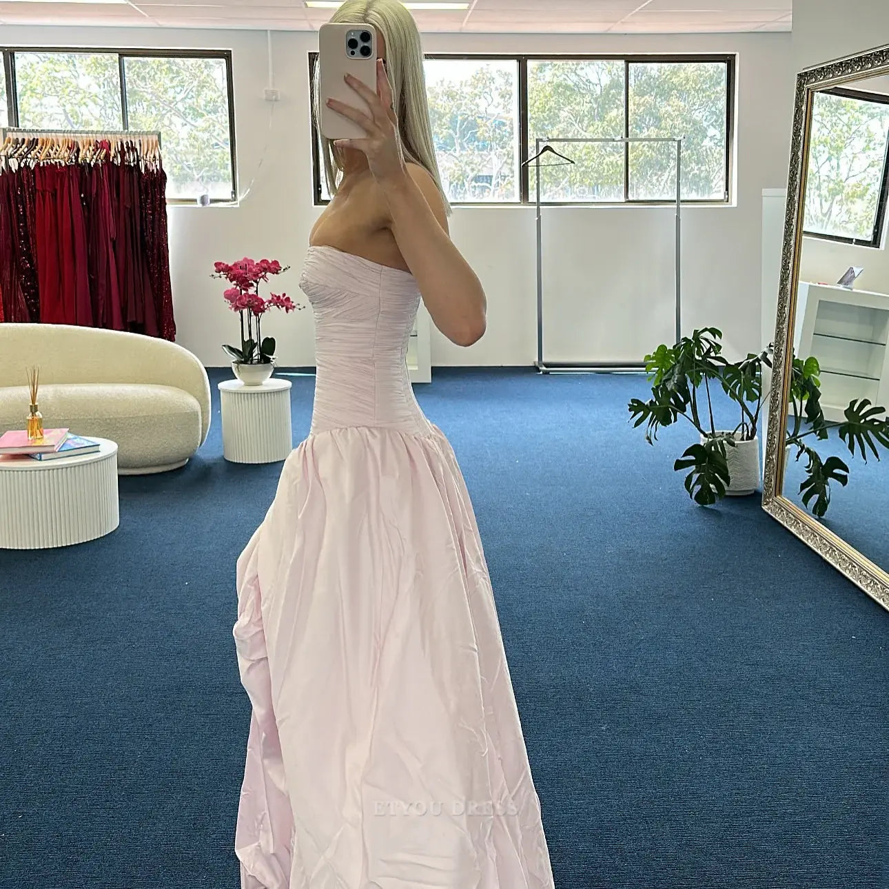 A Line Strapless Pink formal dresses Bridesmaid Dresses evening gown Prom Dress With Slit