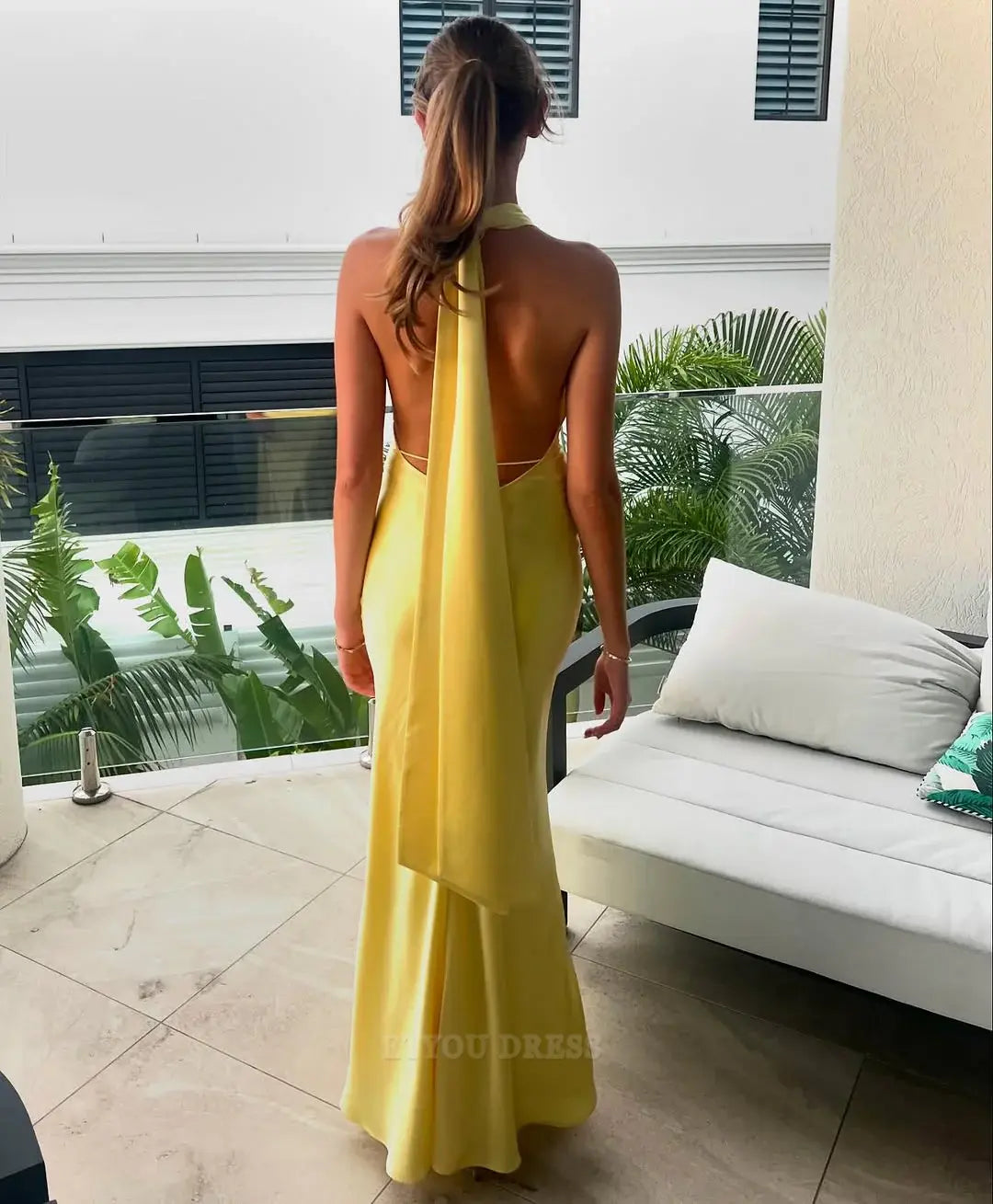Mermaid Halter Backless Yellow Long formal dresses Bridesmaid Dresses evening gown Prom Dress