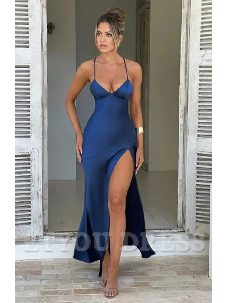 Elegant Spaghetti Strap Backless Lace-Up Split Satin formal dresses Bridesmaid Dresses evening gown Prom Dress