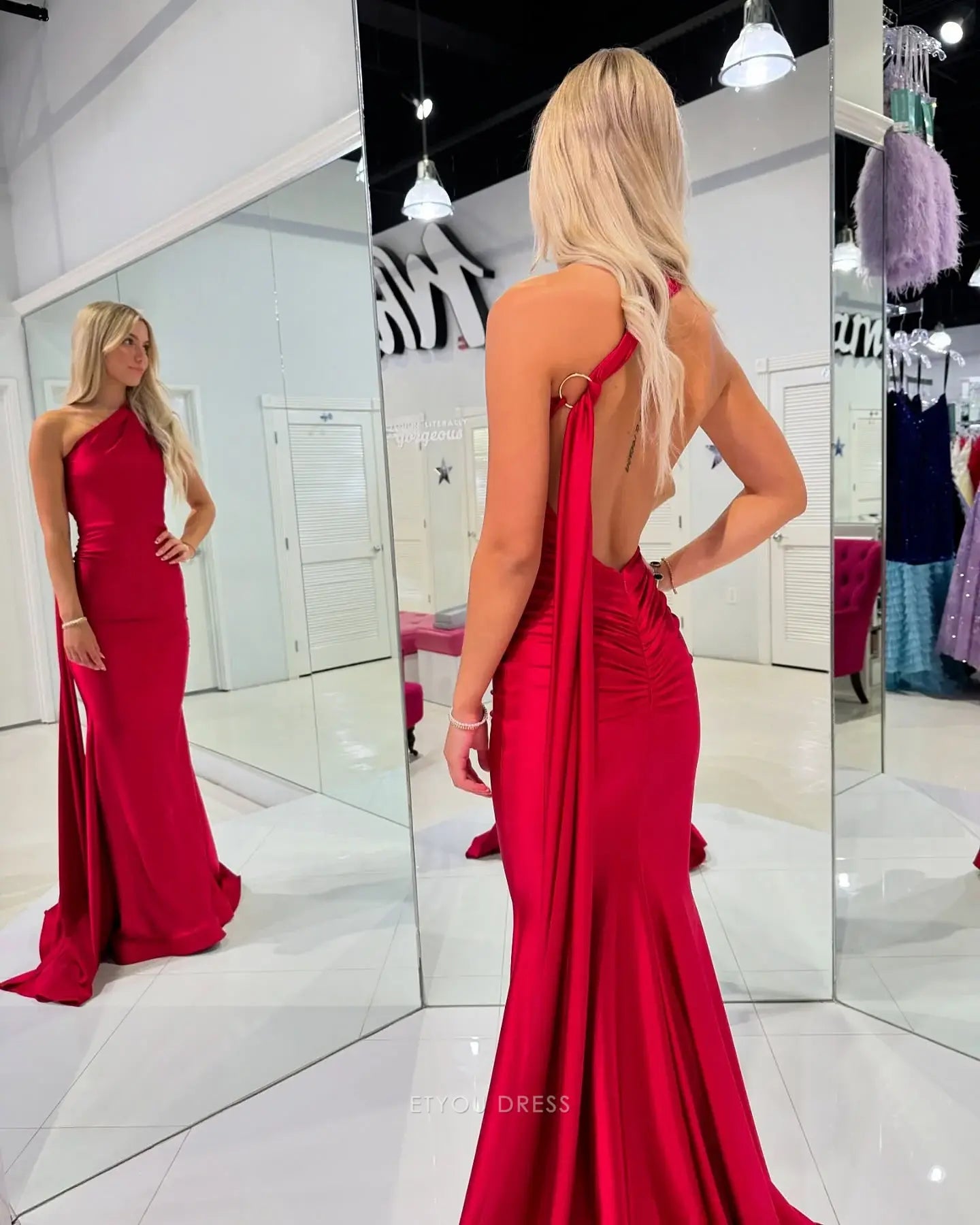 Mermaid One Shoulder Backless Sexy Red formal dresses Bridesmaid Dresses evening gown Prom Dress