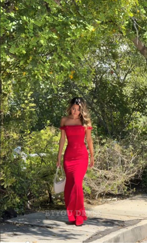 Sheath Off The Shoulder Red Satin formal dresses Bridesmaid Dresses evening gown Prom Dress