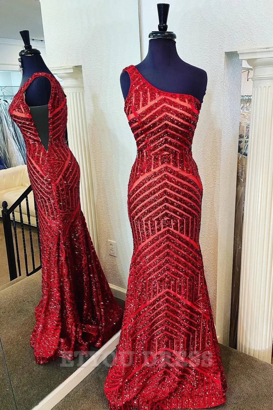 Mermaid One Shoulder Wine Red Sequins formal dresses evening gown Prom Dress