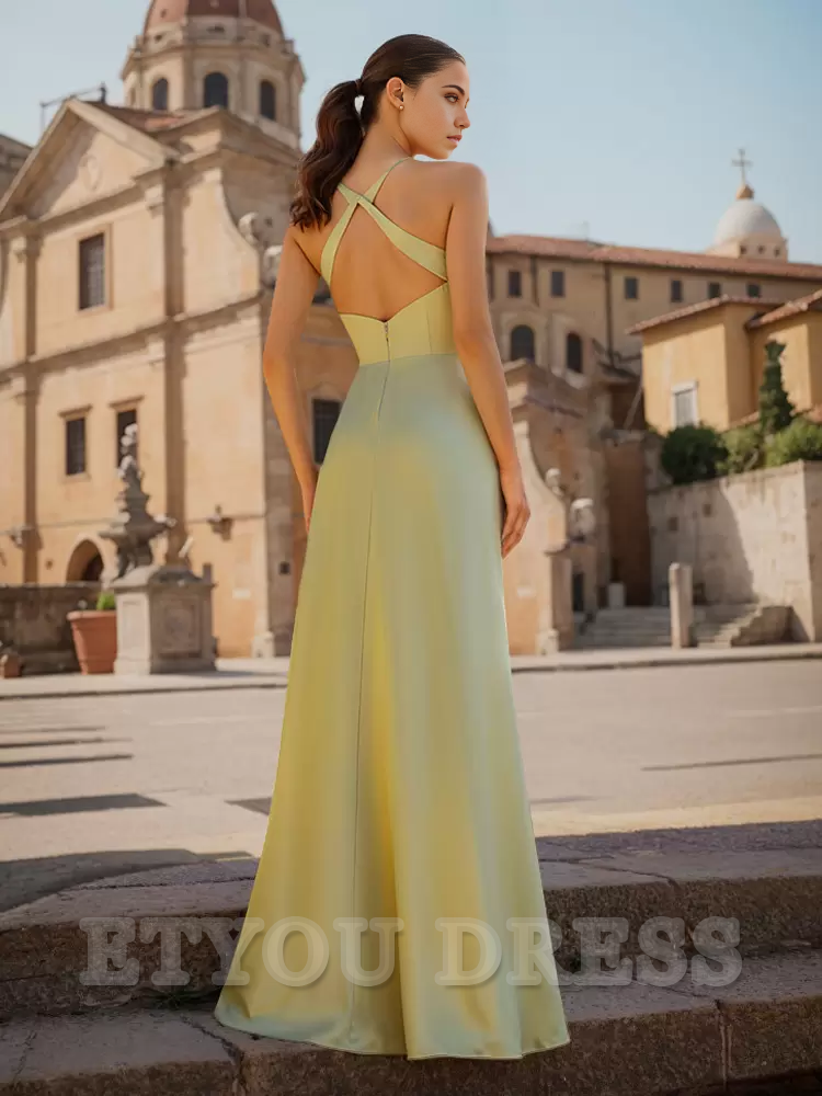 Sheath V-Neck Spaghetti Straps Floor-Length Zipper Satin formal dresses evening gown Prom Dress