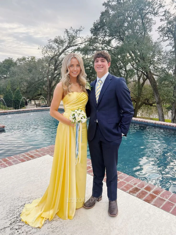 Sheath Strapless Yellow Long formal dresses Bridesmaid Dresses evening gown Prom Dress