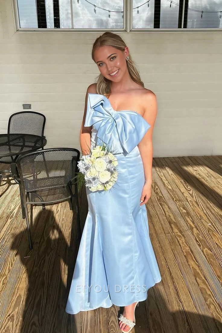 Mermaid Strapless Satin Blue formal dresses Bridesmaid Dresses evening gown Prom Dress With Bow