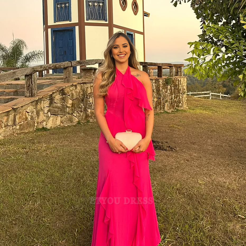 Sheath Halter Ruffle Hot Pink Long formal dresses Bridesmaid Dresses evening gown Prom Dress