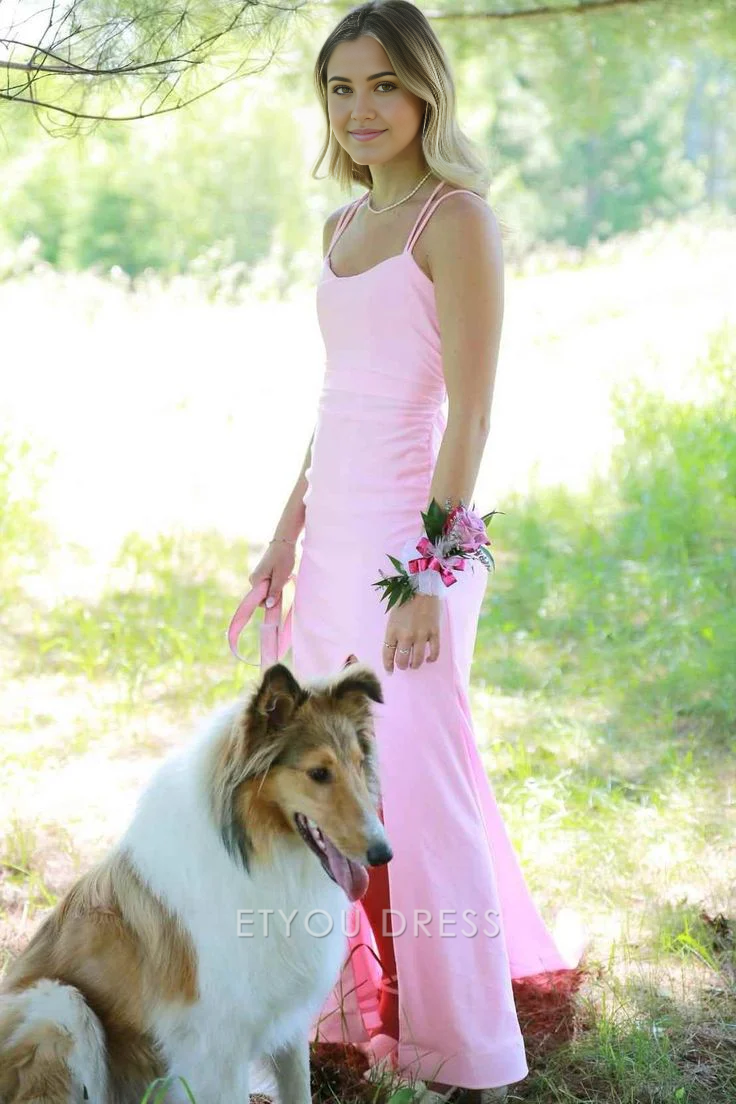 Mermaid Spaghetti Straps Satin Pink Long formal dresses Bridesmaid Dresses evening gown Prom Dress