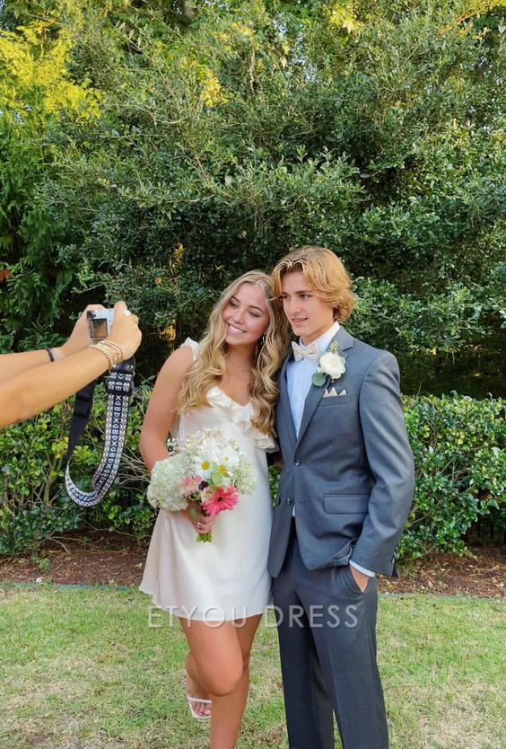 A Line V-Neck Ruffle White Short Homecoming Dress formal dresses Bridesmaid Dresses evening gown Prom Dress