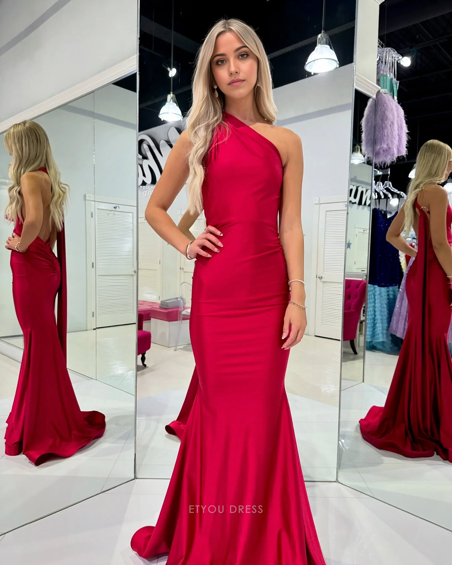Mermaid One Shoulder Backless Sexy Red formal dresses Bridesmaid Dresses evening gown Prom Dress