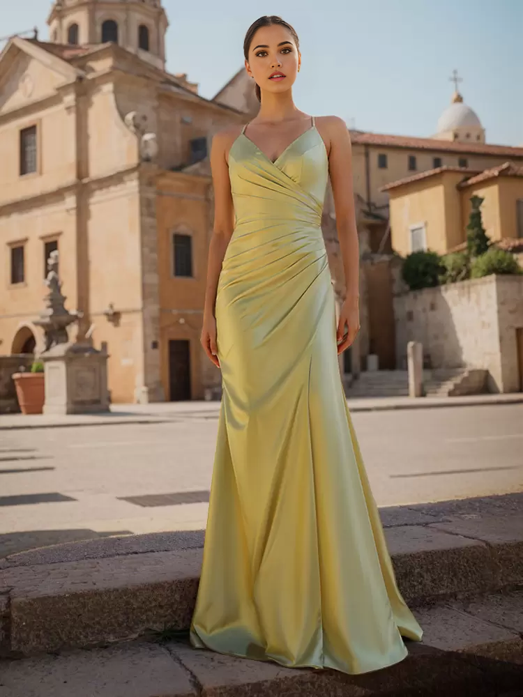 Sheath V-Neck Spaghetti Straps Floor-Length Zipper Satin formal dresses evening gown Prom Dress