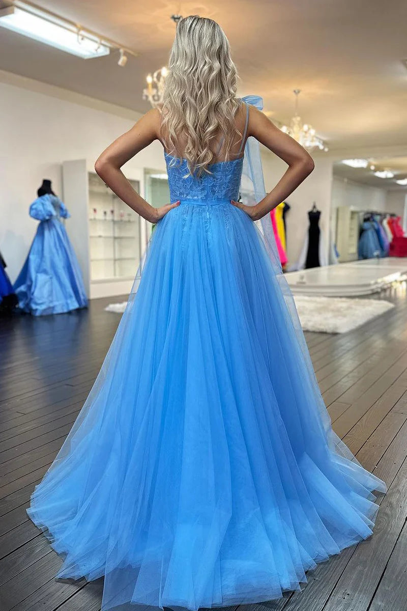 A Line Cute One Shoulder Blue Tulle Prom Dress with Appliques