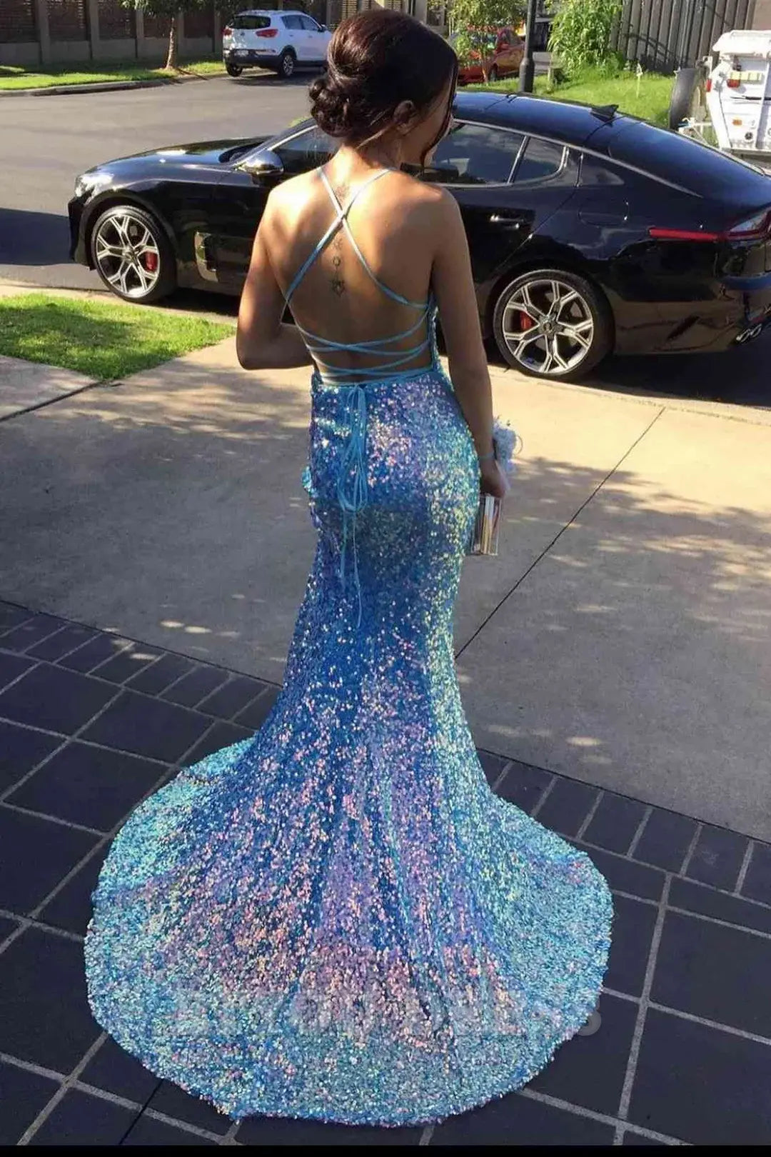 Mermaid V-Neck Spaghetti Straps Backless Sequin Long formal dresses evening gown Prom Dress