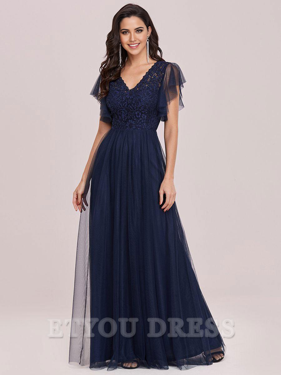 A-Line V-Neck Tulle Short Sleeves Backless Floor-Length formal dresses Bridesmaid Dresses evening gown Prom Dress