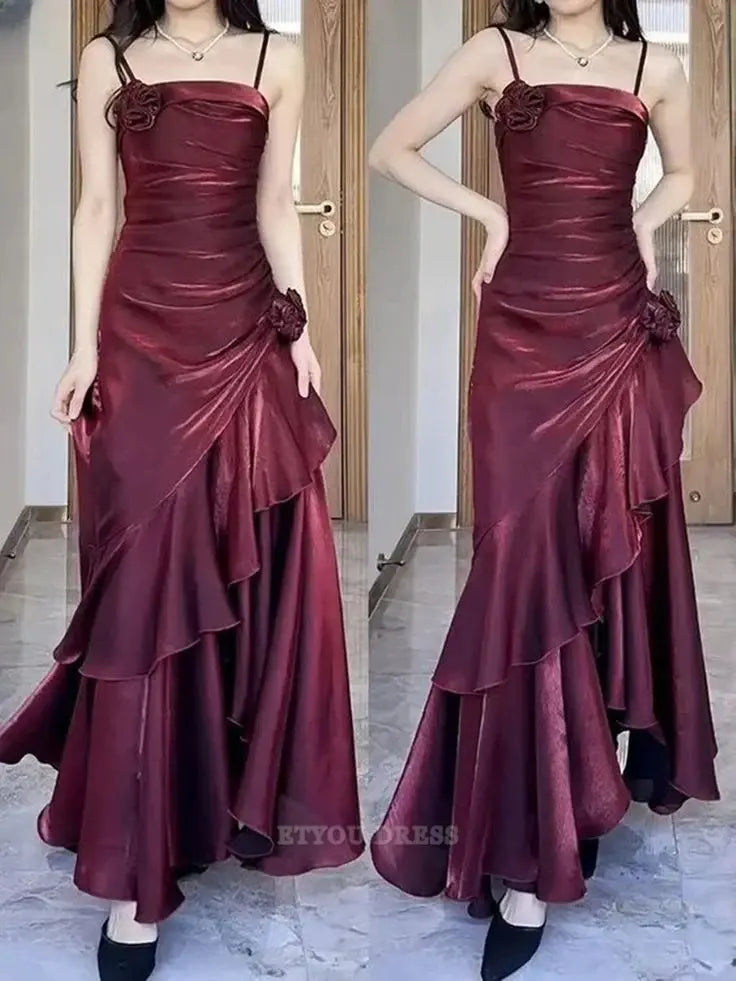 A-line Spaghetti Straps Wine Red Satin formal dresses Bridesmaid Dresses evening gown Prom Dress