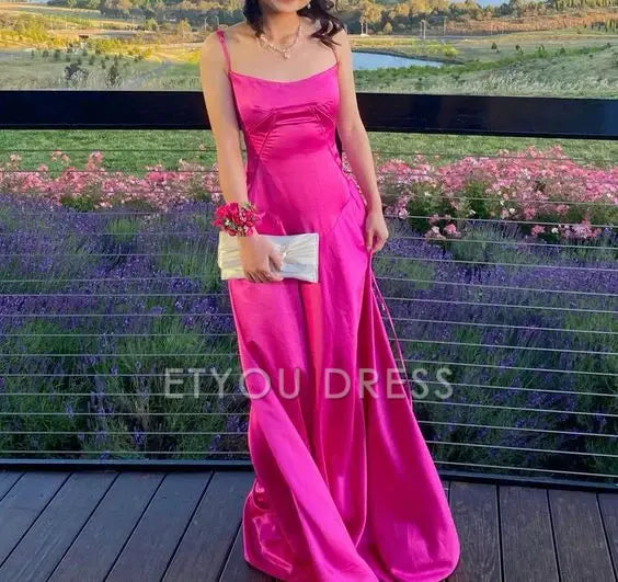 A Line Spaghetti Straps Satin Hot Pink Long formal dresses Bridesmaid Dresses evening gown Prom Dress