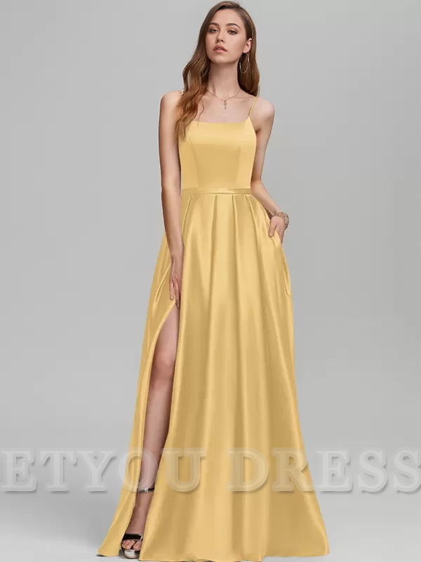 A-Line Spaghetti Straps Floor-Length Satin formal dresses evening gown Prom Dress With Split