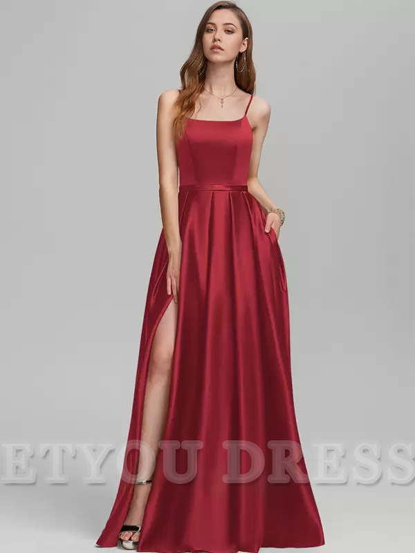 A-Line Spaghetti Straps Floor-Length Satin formal dresses evening gown Prom Dress With Split