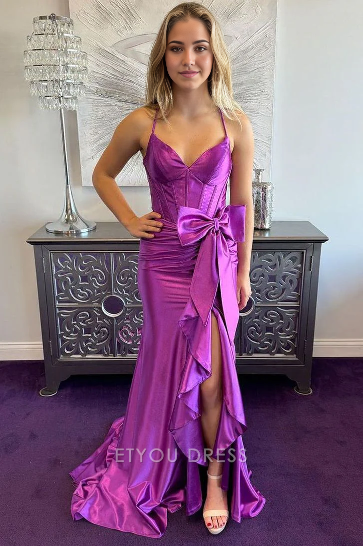 Mermaid V Neck Ruffle Satin Long formal dresses Bridesmaid Dresses evening gown Prom Dress