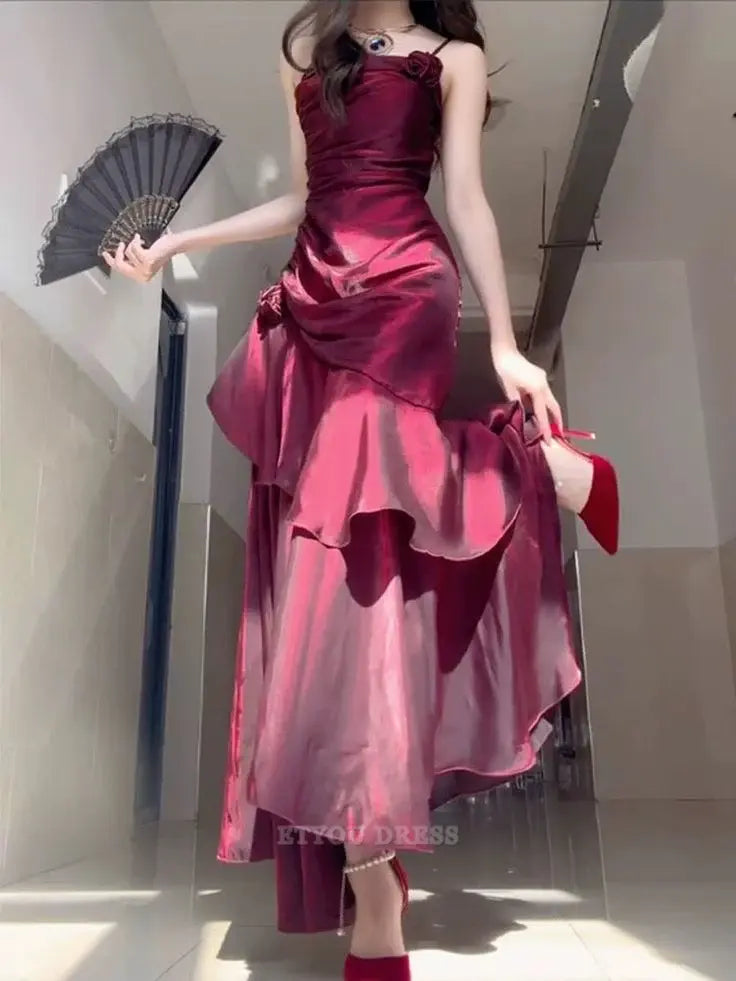 A-line Spaghetti Straps Wine Red Satin formal dresses Bridesmaid Dresses evening gown Prom Dress