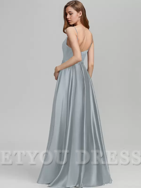 A-Line Spaghetti Straps Floor-Length Satin formal dresses evening gown Prom Dress With Split