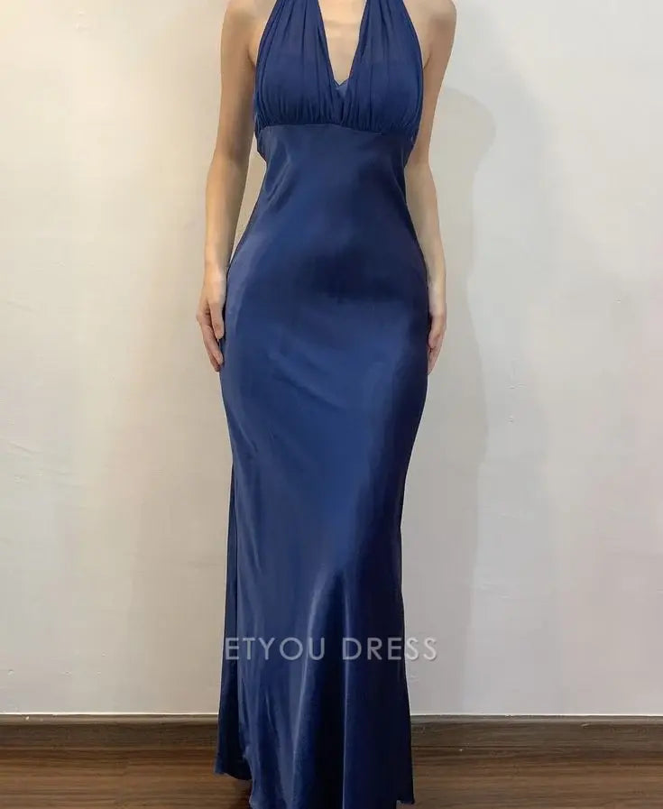 Sheath Halter Vintage Navy Blue formal dresses Bridesmaid Dresses evening gown Prom Dress