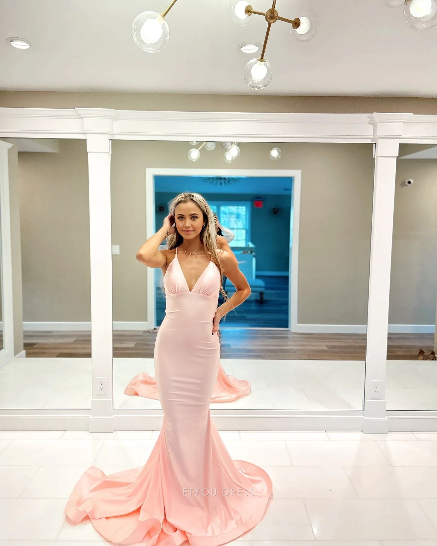 Mermaid V Neck Pink Satin formal dresses Bridesmaid Dresses evening gown Prom Dress