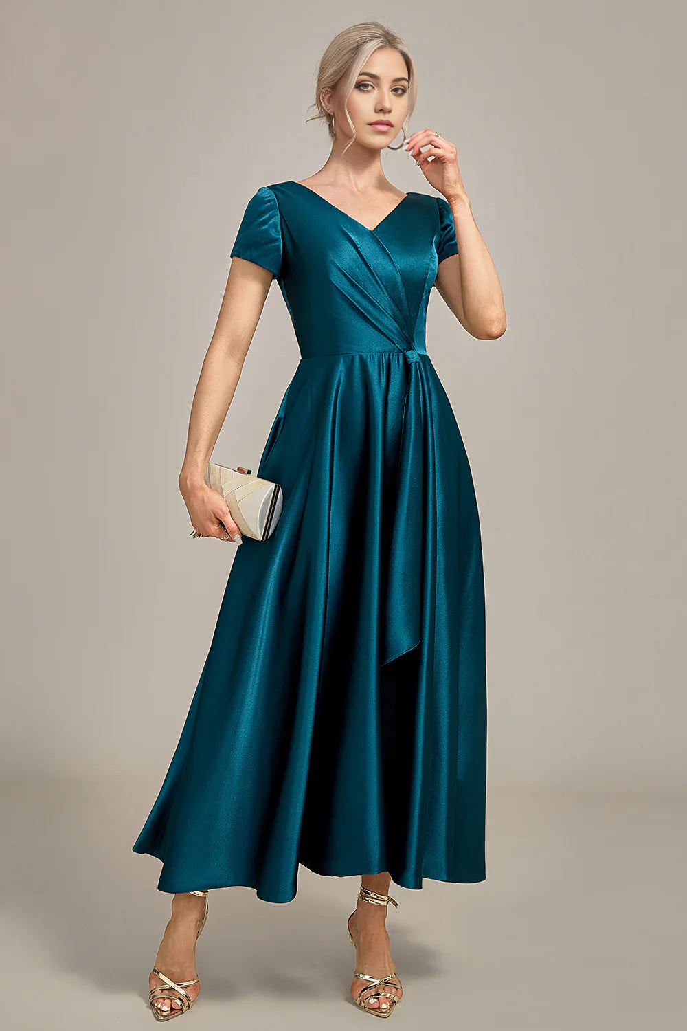 A-line V-neck Pleated Satin Mother of the Bride Dress