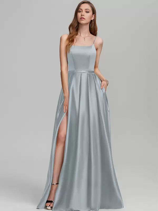 A-Line Spaghetti Straps Floor-Length Satin formal dresses evening gown Prom Dress With Split