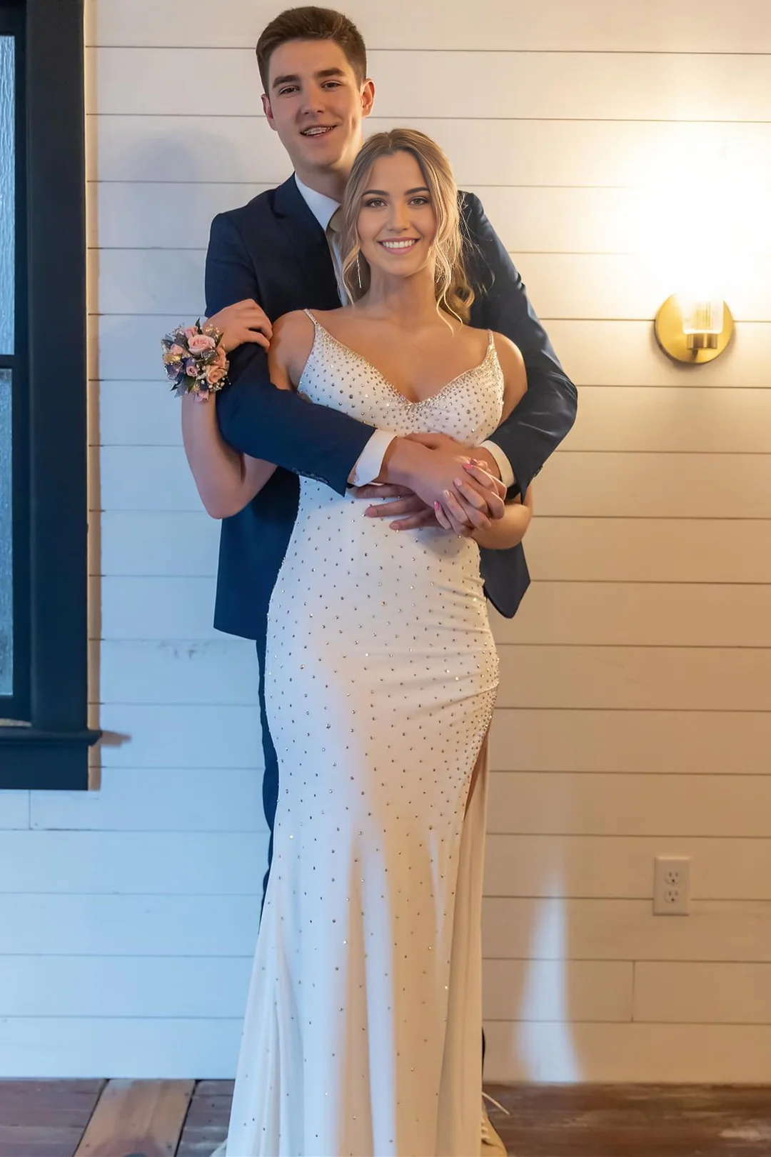 Mermaid V Neck White Beaded Straps Long formal dresses Bridesmaid Dresses evening gown Prom Dress with Slit