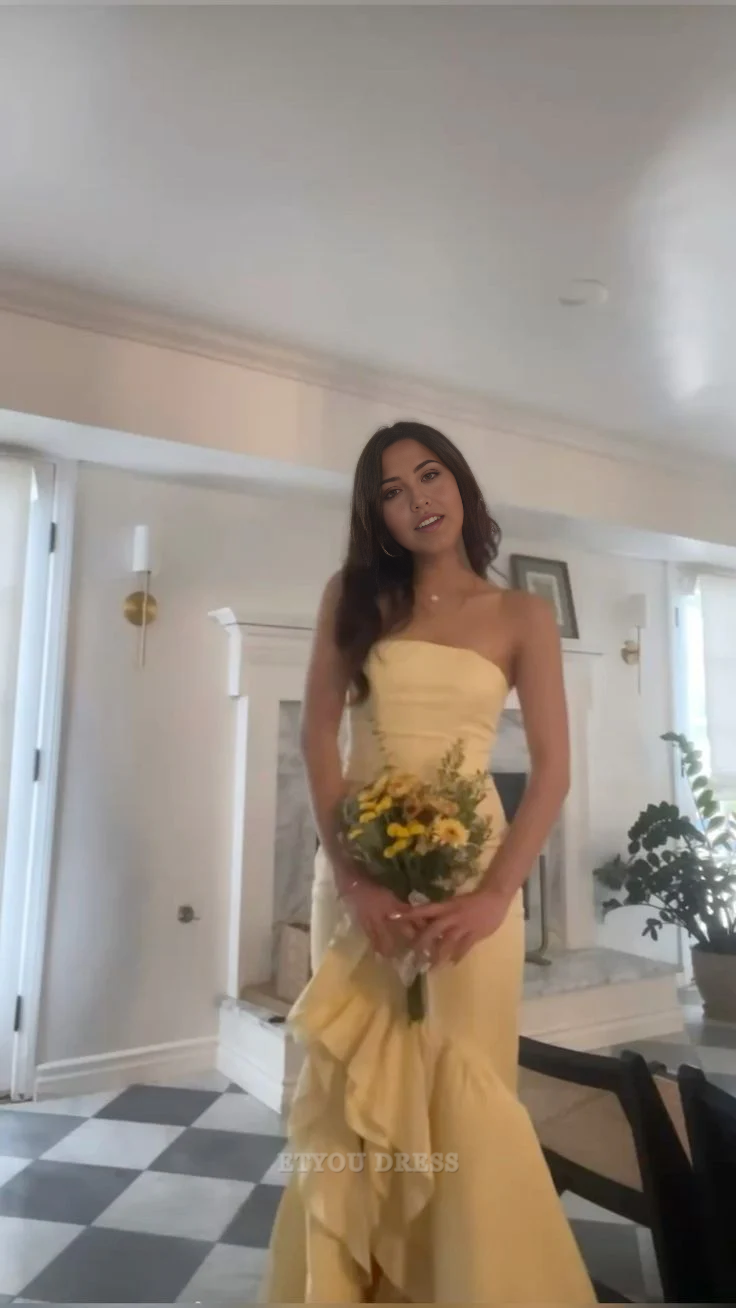 Mermaid Strapless Yellow Ruffle Long formal dresses Bridesmaid Dresses evening gown Prom Dress