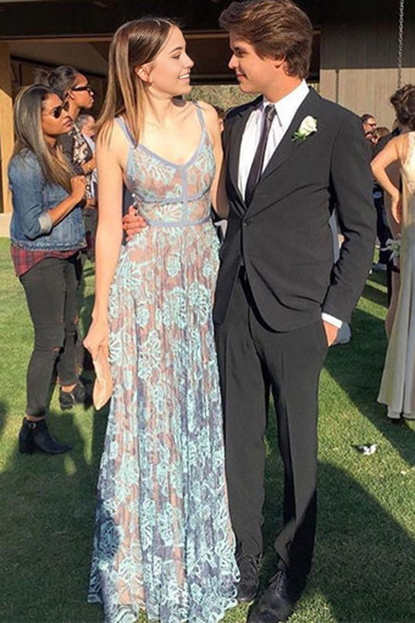 A Line V Neck Spaghetti Sleeveless Floor Length Lace formal dresses evening gown Prom Dress