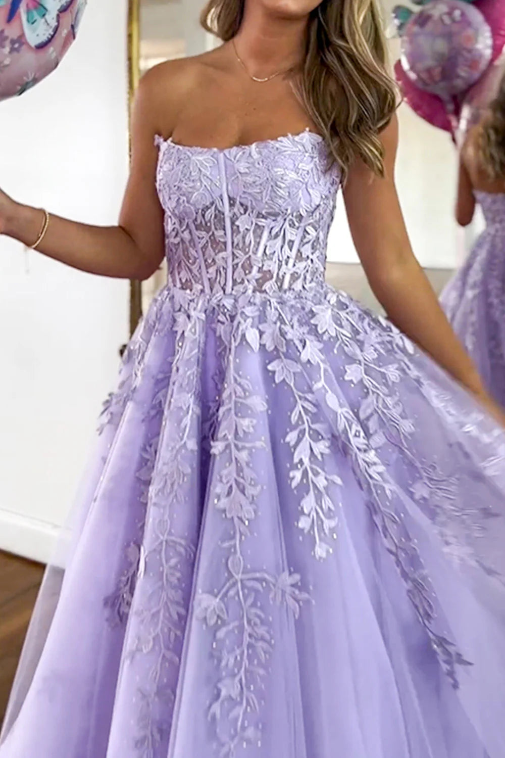 A-Line Strapless Lovely Lilac Long Tulle formal dresses evening dress Prom Dresses with Appliques