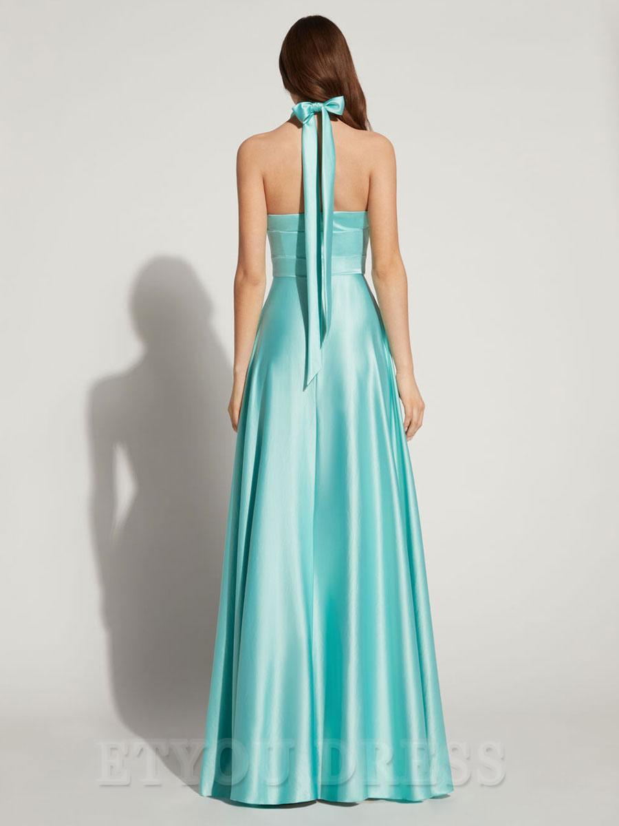 A-Line Halter Floor-Length Sleeveless Backless Satin formal dress evening gown Wedding Guest Dresses Prom Dress
