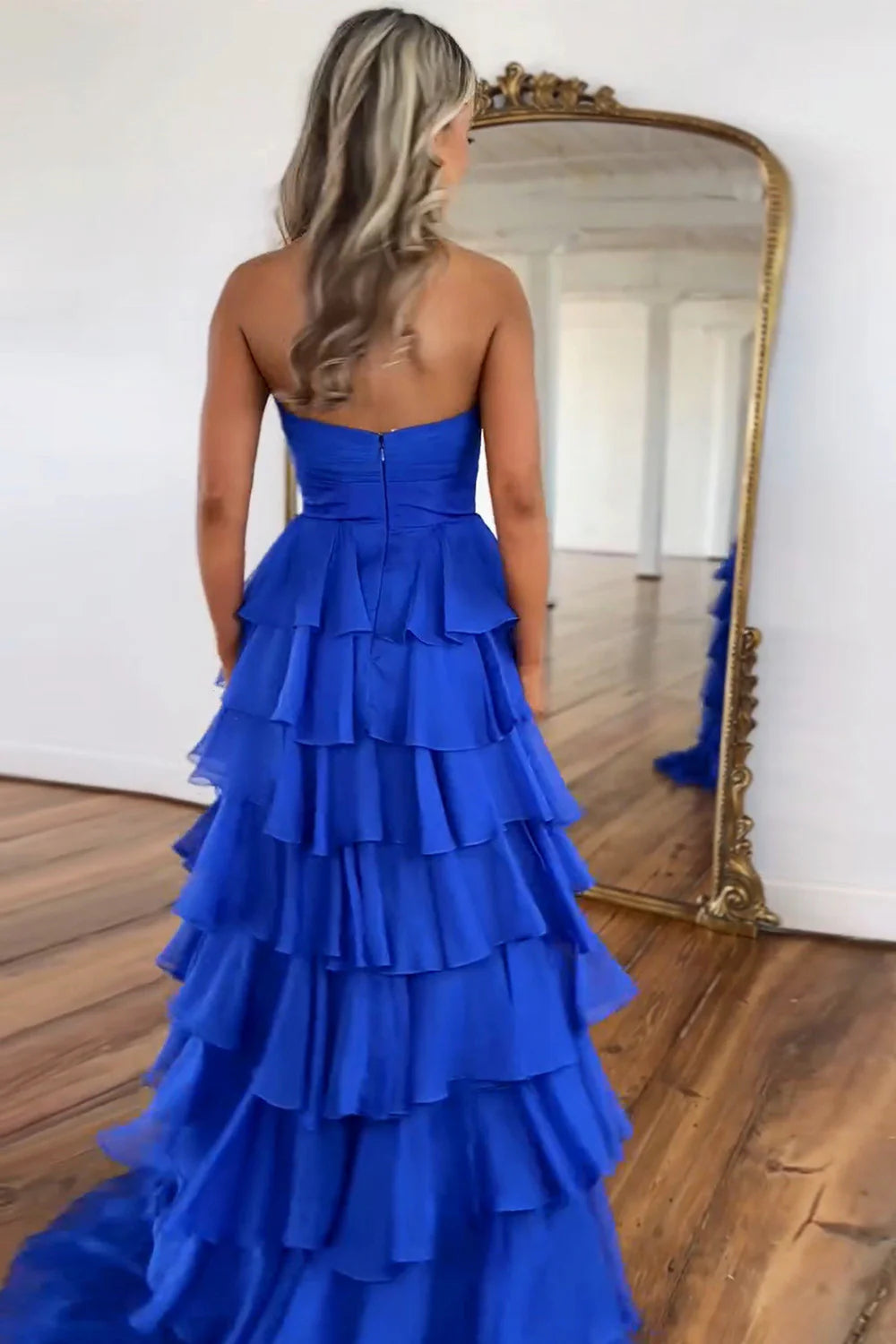 A-Line Cute Strapless Long Tiered Royal Blue formal dresses evening dress Prom Dress with Slit