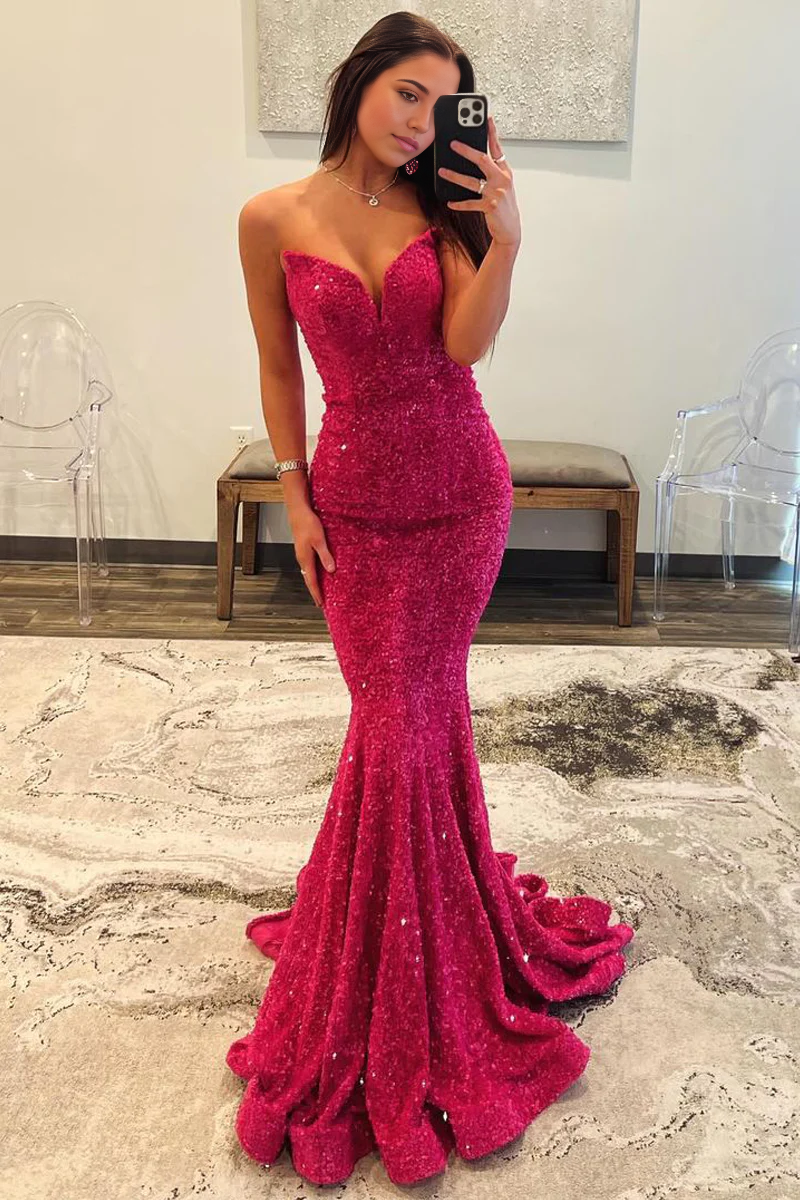Mermaid Strapless Sequins Fuchsia Long Prom Dress