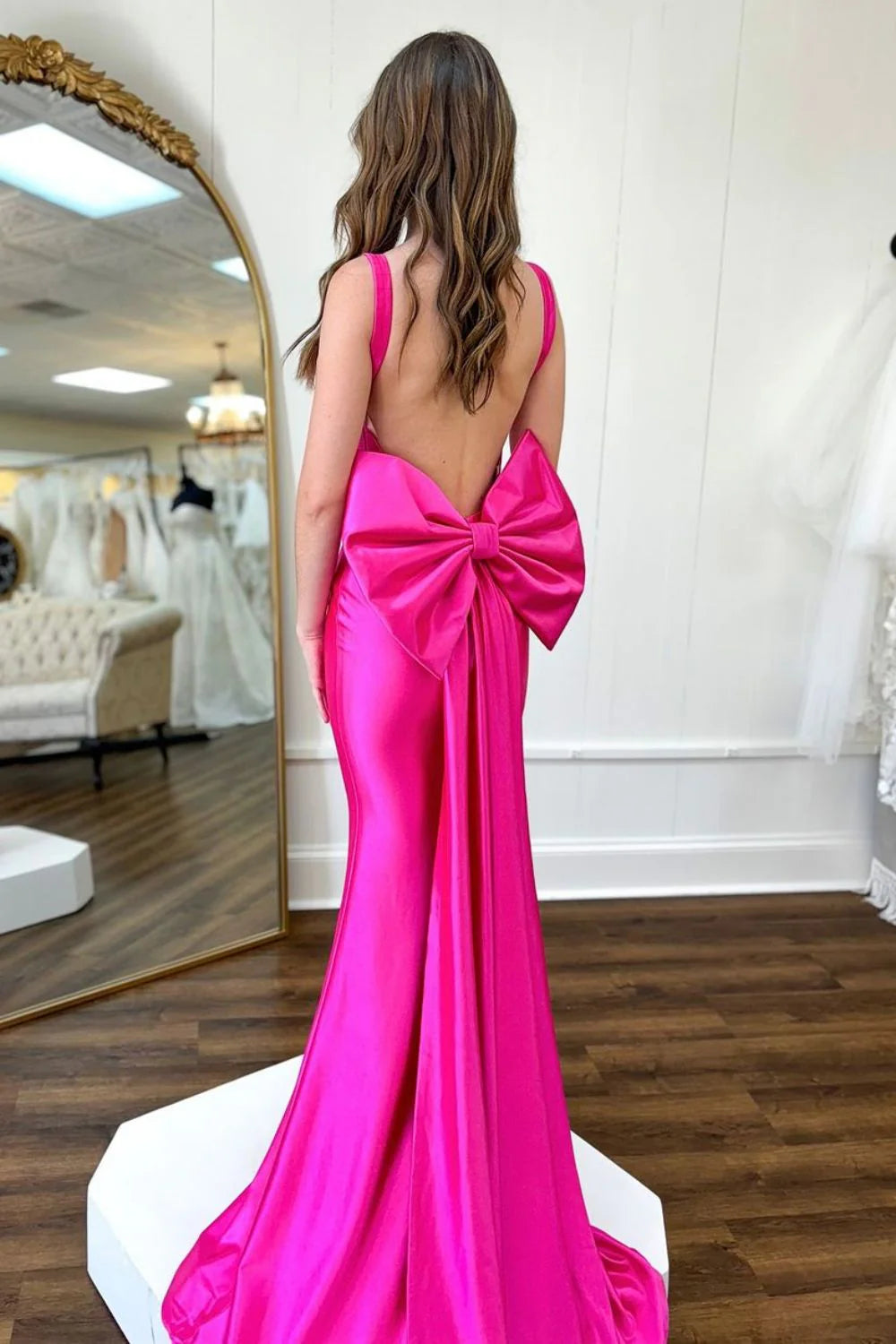 Mermaid Square Neck Backless Long Satin Hot Pink formal dresses evening dress Prom Dress with Bowknot