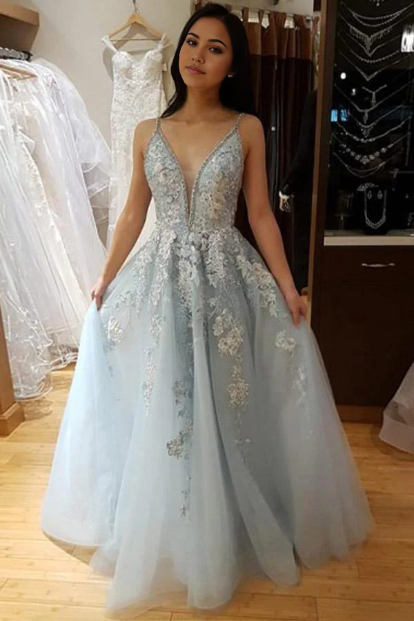 A Line Spaghetti Straps Appliques Light Blue evening gown Prom Dress With Beading