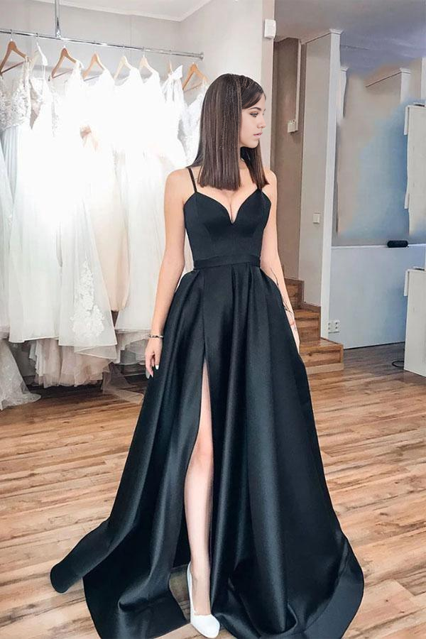 Simple Spaghetti Strap Black formal dresses Long Evening Dress Prom Dress