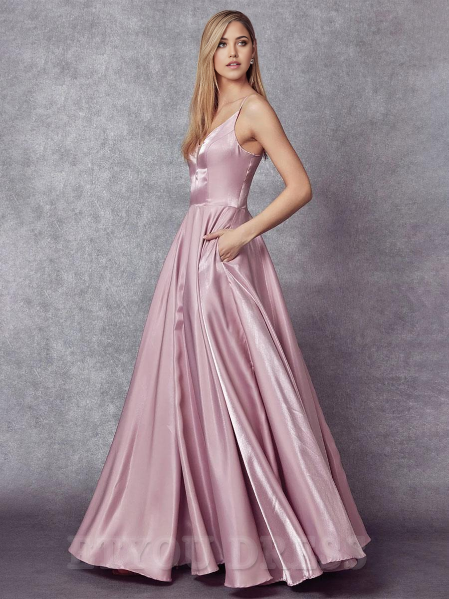 A-Line Sleeveless V-Neck Satin formal dress evening gown Wedding Guest Dresses Prom Dress With Pockets