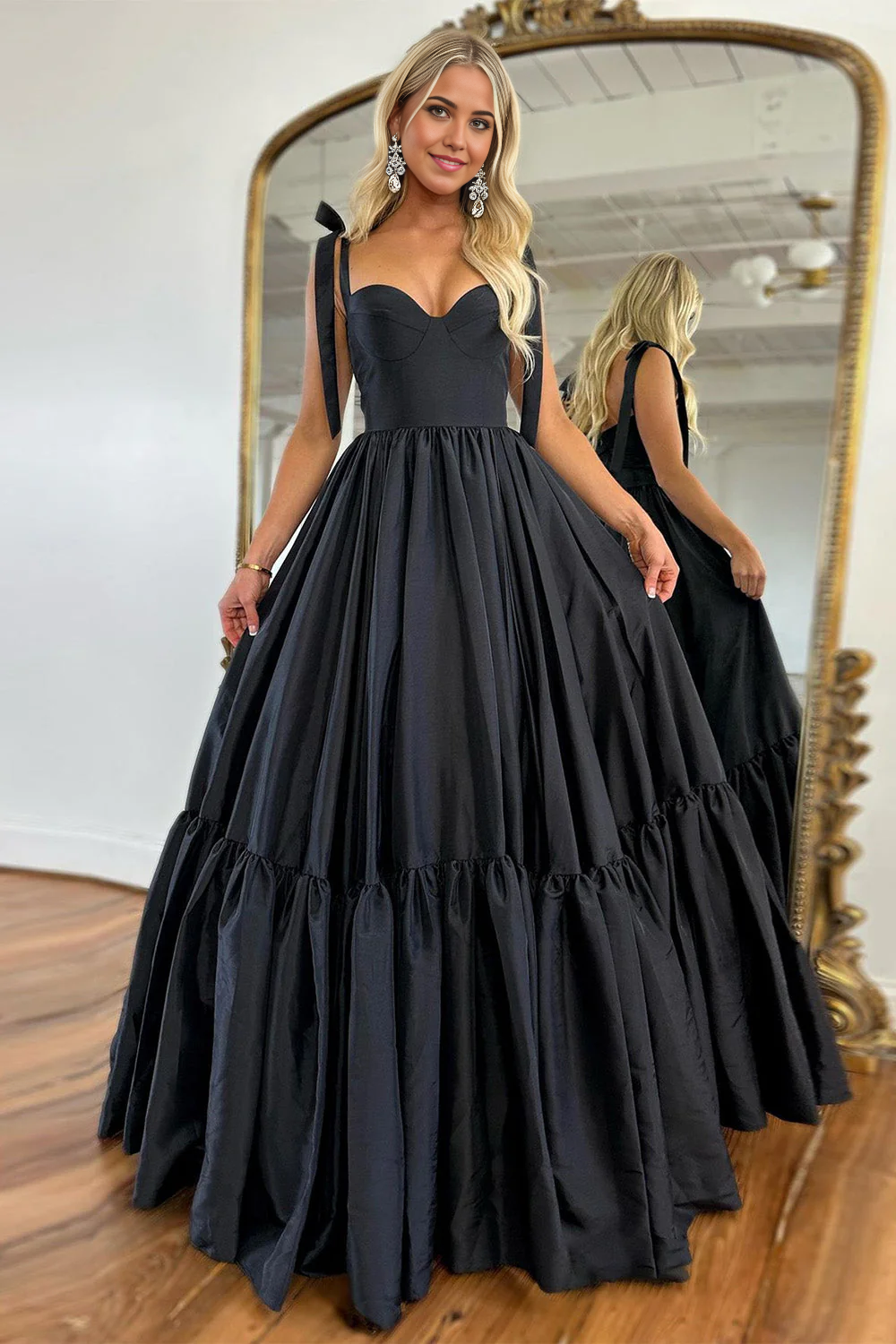 A-Line Cute Black Satin Tie Straps Long evening gown Prom Dress